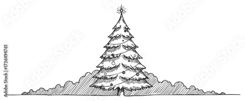 Hand-drawn christmas tree with decorated ornaments and star topper – retro hand drawn illustration
