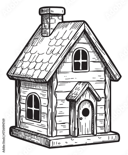 Rustic hand-drawn wooden house sketch with stone chimney and arched windows – retro hand drawn illustration