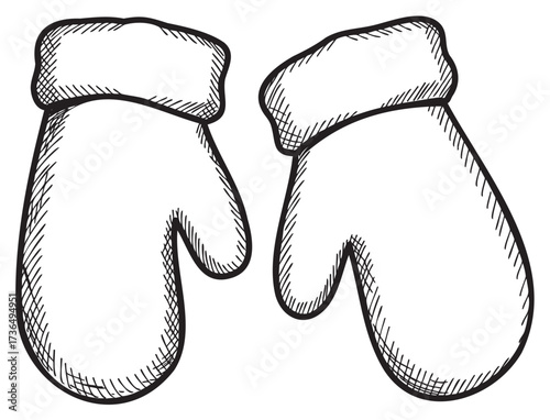 Black and white sketch of cozy winter mittens – retro hand drawn illustration