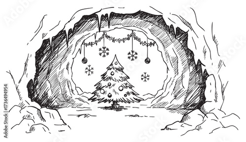 Festive christmas tree in snowy cave with hanging decorations, black and white illustration – retro hand drawn illustration