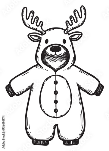 Cute hand-drawn reindeer onesie with antlers and buttons – retro hand drawn illustration