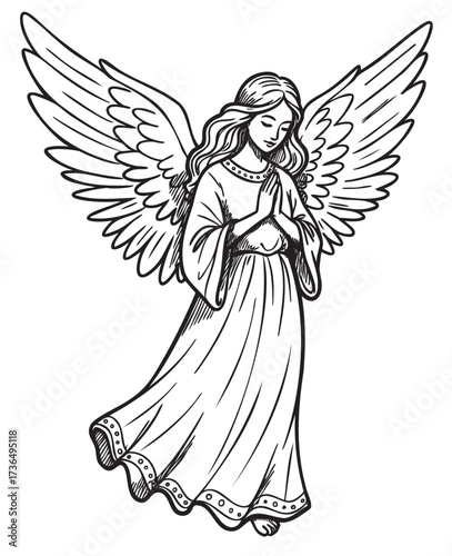 Black and white illustration of an angel with wings and flowing gown – retro hand drawn illustration