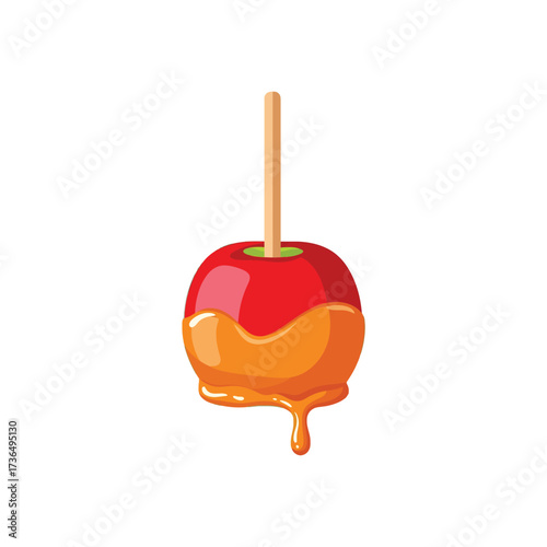 Delicious golden caramel apple with sweet red fruit and dripping sticky sauce, a festive Halloween or autumn treat for kids.