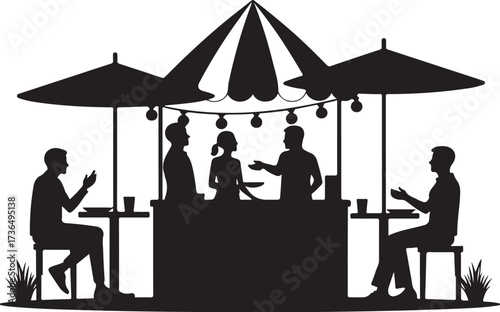 Silhouettes of people at an outdoor food stall with umbrellas