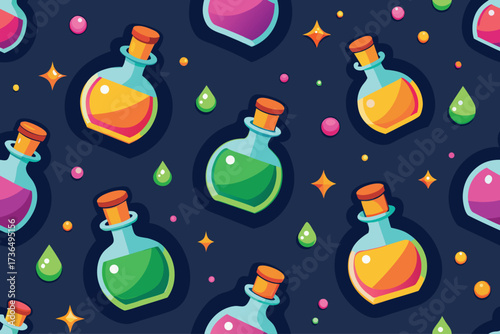 Seamless pattern of colorful magic potions and sparkling stars on dark background