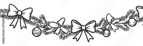 Festive christmas garland with bows and ornaments in black and white line art – retro hand drawn illustration