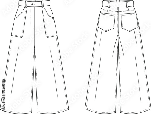 Fashion flat sketch of wide leg women pants with front and back pockets, waistband, button closure, and stitching details illustration