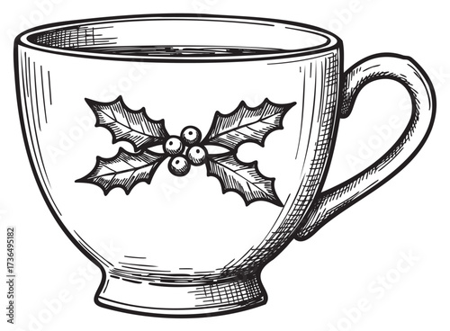 Vintage teacup with holly design illustration – festive and elegant holiday drinkware – retro hand drawn illustration