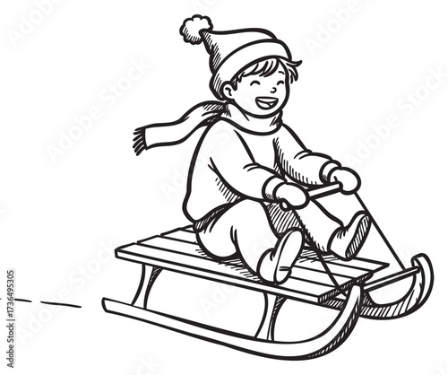 Young caucasian child sledding happily in winter with hat and scarf – retro hand drawn illustration