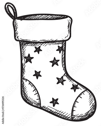 Black and white christmas stocking with stars design hanging by loop – retro hand drawn illustration