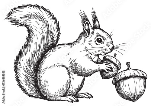 Detailed black and white illustration of a squirrel holding an acorn – retro hand drawn illustration