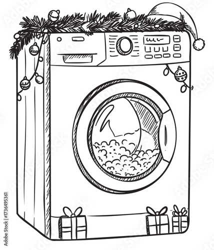 Festively decorated washing machine with bubbles in drum and holiday gifts – retro hand drawn illustration