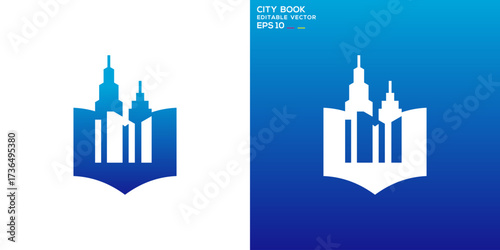 Book city logo. Education, reading, buildings, architecture. Vector design template.