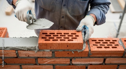 Bricklayer at Work Constructing a Wall with Bricks