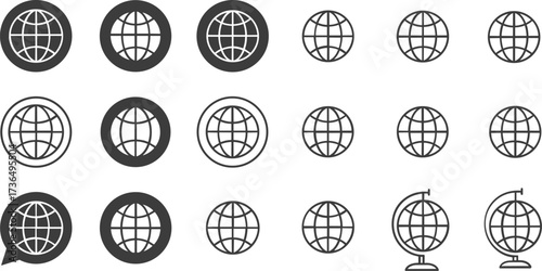 Collection of globe and earth icons in various styles on white background Keywords: globe, earth