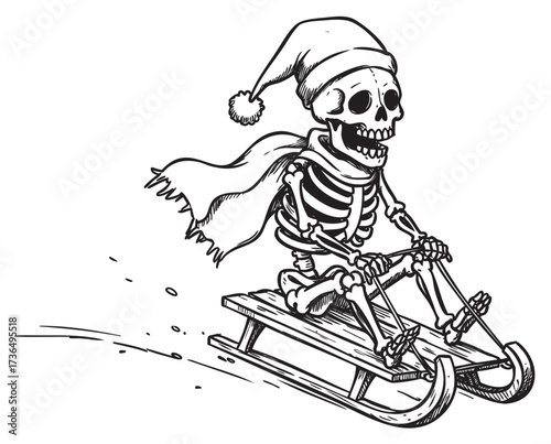 Skeleton wearing santa hat and scarf sledding in winter fun sketch – retro hand drawn illustration