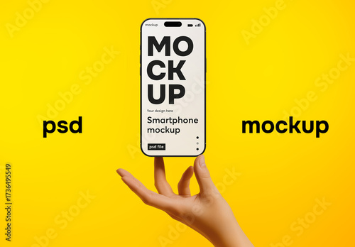 A smartphone mockup floating above a hand