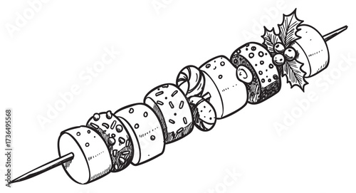 Sketched mixed sweets on skewer with marshmallows and holly decoration – retro hand drawn illustration