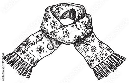 Cozy winter scarf with holiday patterns and fringe in black and white drawing – retro hand drawn illustration
