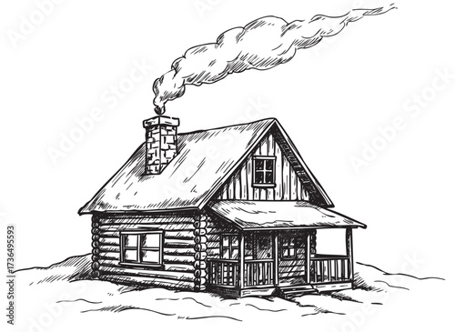 Rustic log cabin with smoking chimney in snowy landscape – retro hand drawn illustration