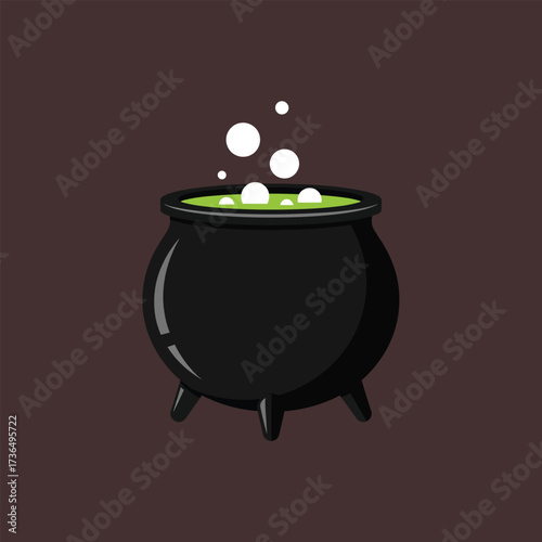 Spooky Halloween Cauldron with Bubbling Green Potion and Rising Magic Bubbles Vector Illustration on Dark Background