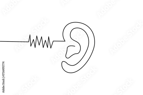 Human ear icon in continuous one line drawing style. Minimalist outline isolated on a white background. Modern single line art vector illustration for design projects