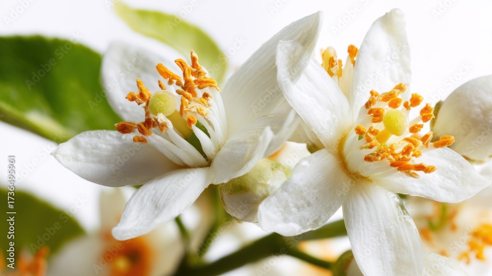 Obraz premium Delicate citrus flowers showcase white petals and bright orange stamens. The scene captures the beauty of spring symbolizing new beginnings and growth in nature.