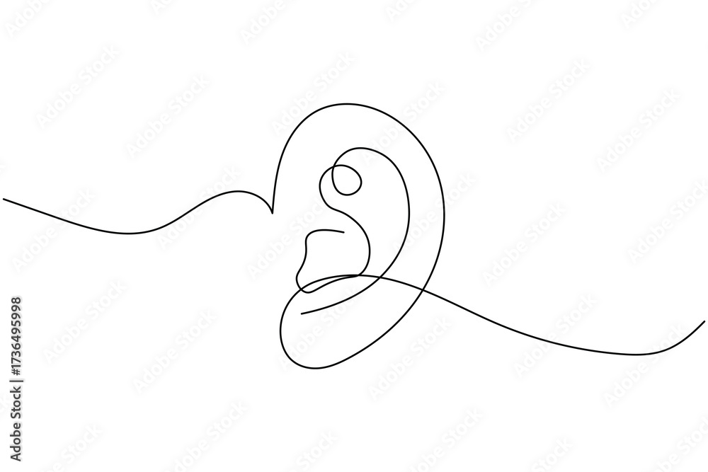 Obraz premium Human ear icon in continuous one line drawing style. Minimalist outline isolated on a white background. Modern single line art vector illustration for design projects