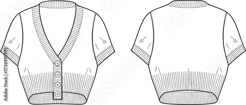 Fashion flat sketch of women’s cropped cardigan top with short sleeves, ribbed hem and front button closure vector illustration template