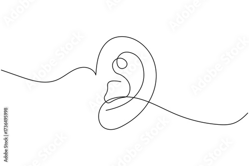 Human ear icon in continuous one line drawing style. Minimalist outline isolated on a white background. Modern single line art vector illustration for design projects