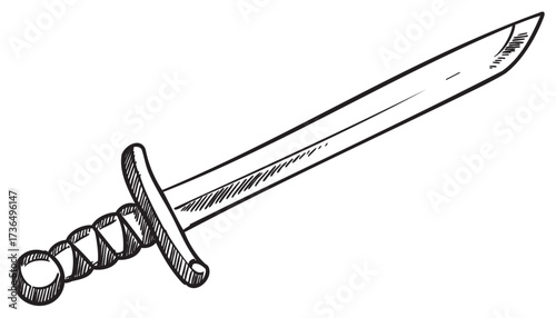 Black and white sketch of a traditional sword with wrapped handle and cross guard – retro hand drawn illustration