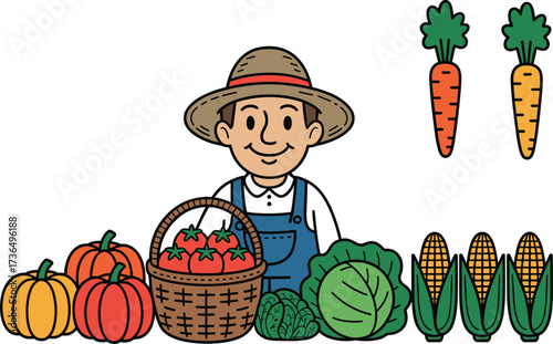 Cartoon farmer with vegetables, harvest produce illustration, agriculture concept drawing, healthy food vector, farm to table design, organic lifestyle artwork