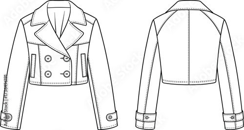 Fashion flat sketch of women’s cropped double breasted jacket with wide lapel collar and long sleeves technical vector illustration