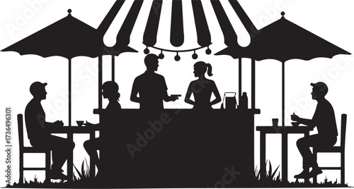 Silhouette of people at outdoor food stall under striped awning