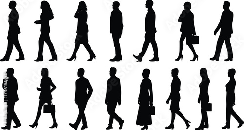 Silhouette of business people walking in various poses, men and women in formal attire, vector illustration for office concept