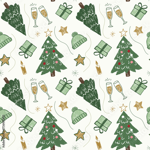 Christmas seamless pattern with cute chalk doodles. Crayon style. Green gold colors. Christmas trees, gifts, stars