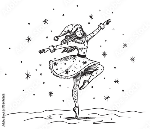 Festive young caucasian female dancer in winter wonderland setting – retro hand drawn illustration