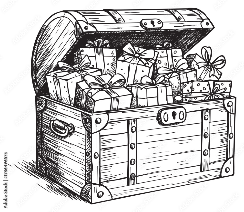 Fototapeta premium Wooden treasure chest filled with wrapped gift boxes in black and white sketch – retro hand drawn illustration