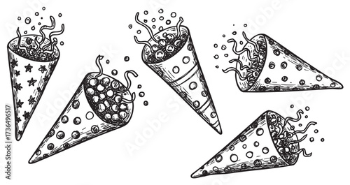 Hand-drawn party poppers with stars and dots in ink sketch style – retro hand drawn illustration