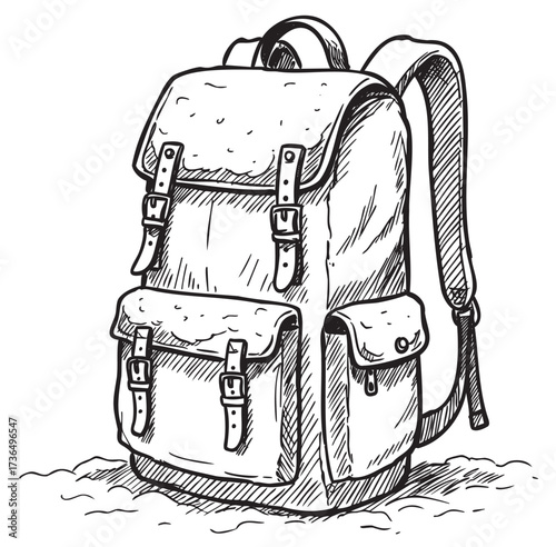 Vintage style backpack sketch with buckles and pockets – retro hand drawn illustration