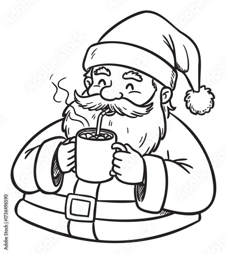 Santa claus enjoying hot cocoa - jolly cartoon christmas cheer – retro hand drawn illustration