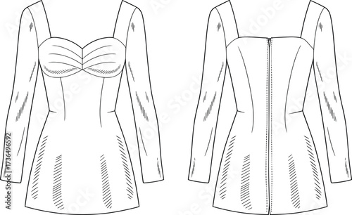 Fashion flat sketch of women’s fitted long sleeve top with sweetheart neckline, ruched bust detail, back zipper, front and back view