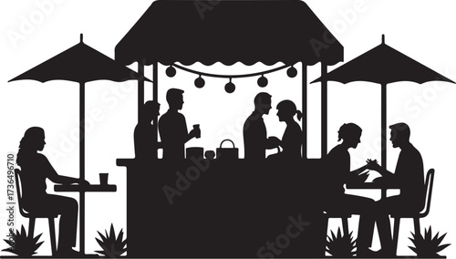 Silhouette of people at outdoor cafe with umbrellas and string lights