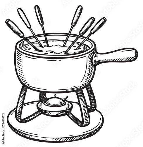 Hand-drawn cheese fondue pot with forks and burner illustration – retro hand drawn illustration
