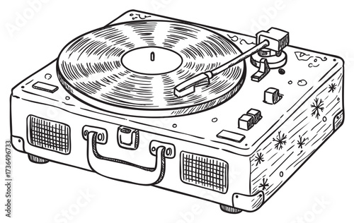 Vintage record player illustration with vinyl and turntable – retro hand drawn illustration