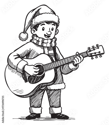 Festive young caucasian male child playing guitar in santa hat and scarf – retro hand drawn illustration