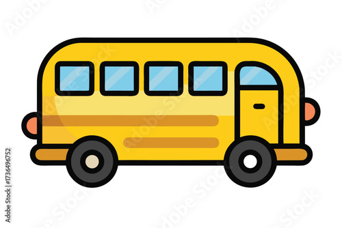 Isolated Cartoon Illustration of a Yellow School Bus With Black Outline and Blue Windows