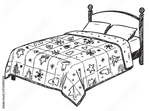 Hand-drawn bed with festive blanket and pillow set – retro hand drawn illustration