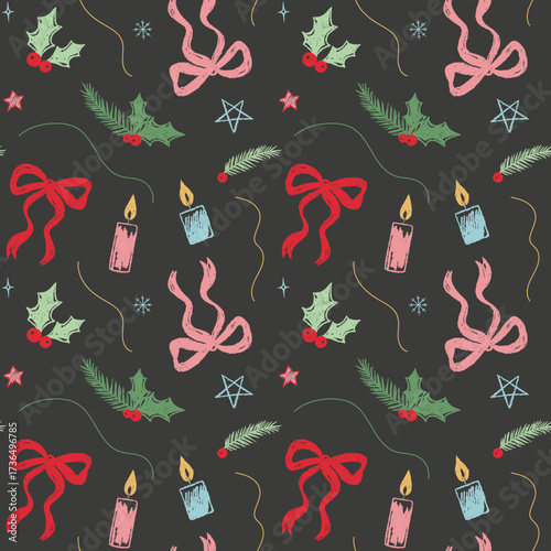Christmas seamless pattern with cute chalk doodles. Crayon style. Dark background. Candles, bows, pine