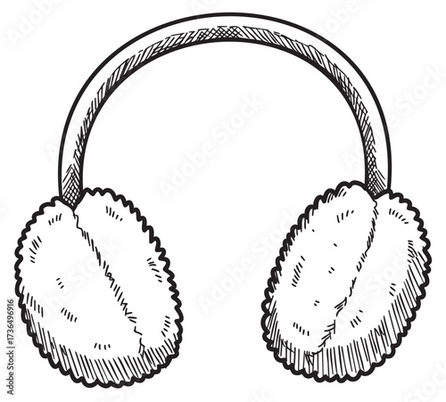 Sketch of fluffy winter earmuffs with headband in black and white – retro hand drawn illustration